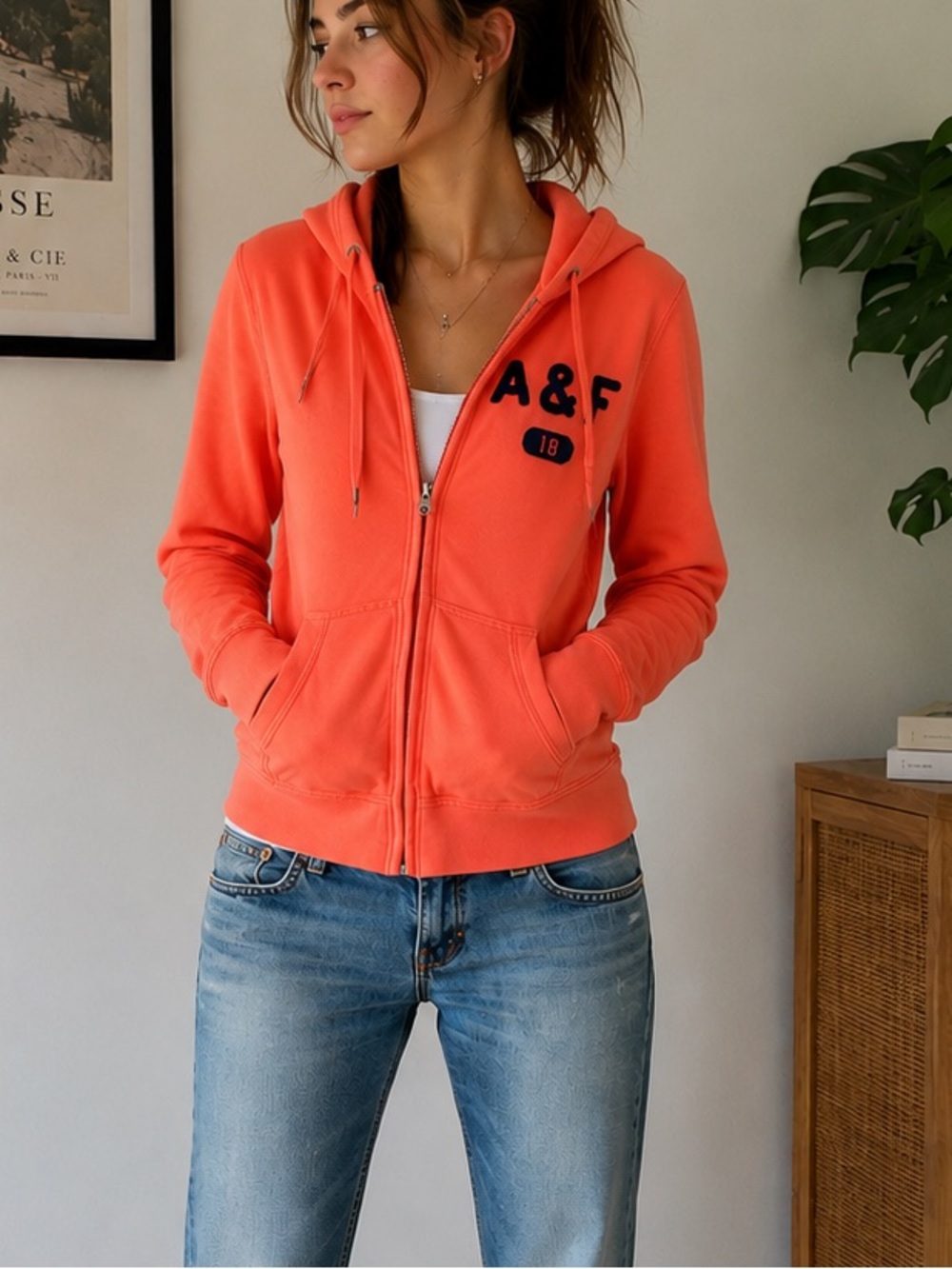 Abercrombie & Fitch A&F 18 Orange Full Zip Hoodie Y2K Logo Sweatshirt